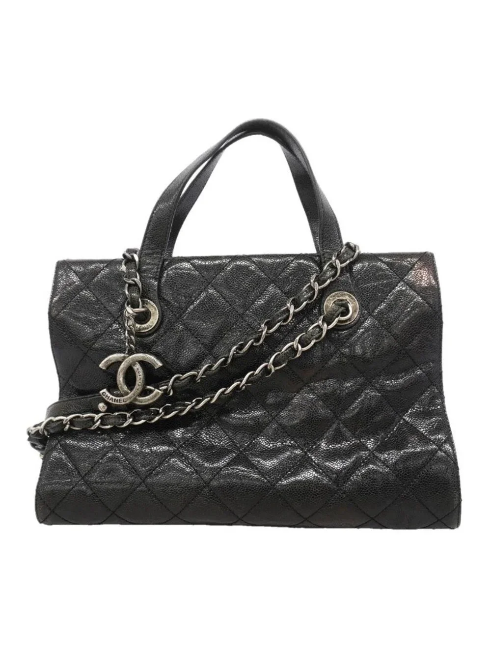 Chanel Handle Quilted Caviar Leather Black Silver 2-Way Bag